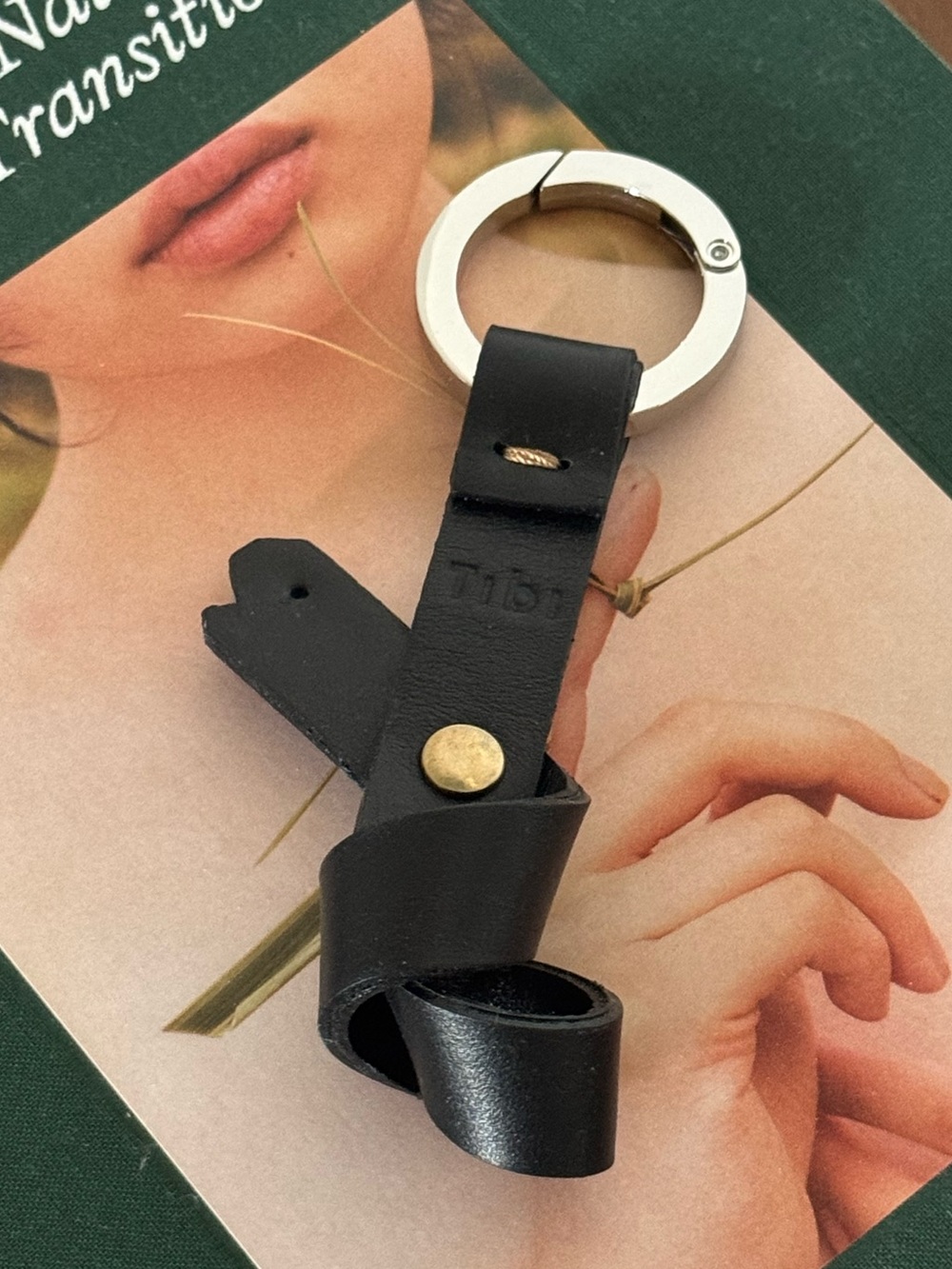 Tibi Black Leather Keyring with Silver Ring